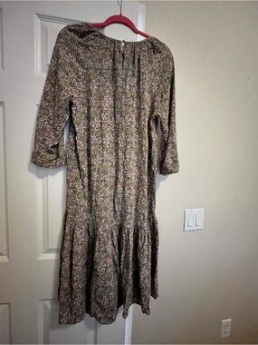 H&M Olive Floral Tiered Midi Dress with Pink Blossoms